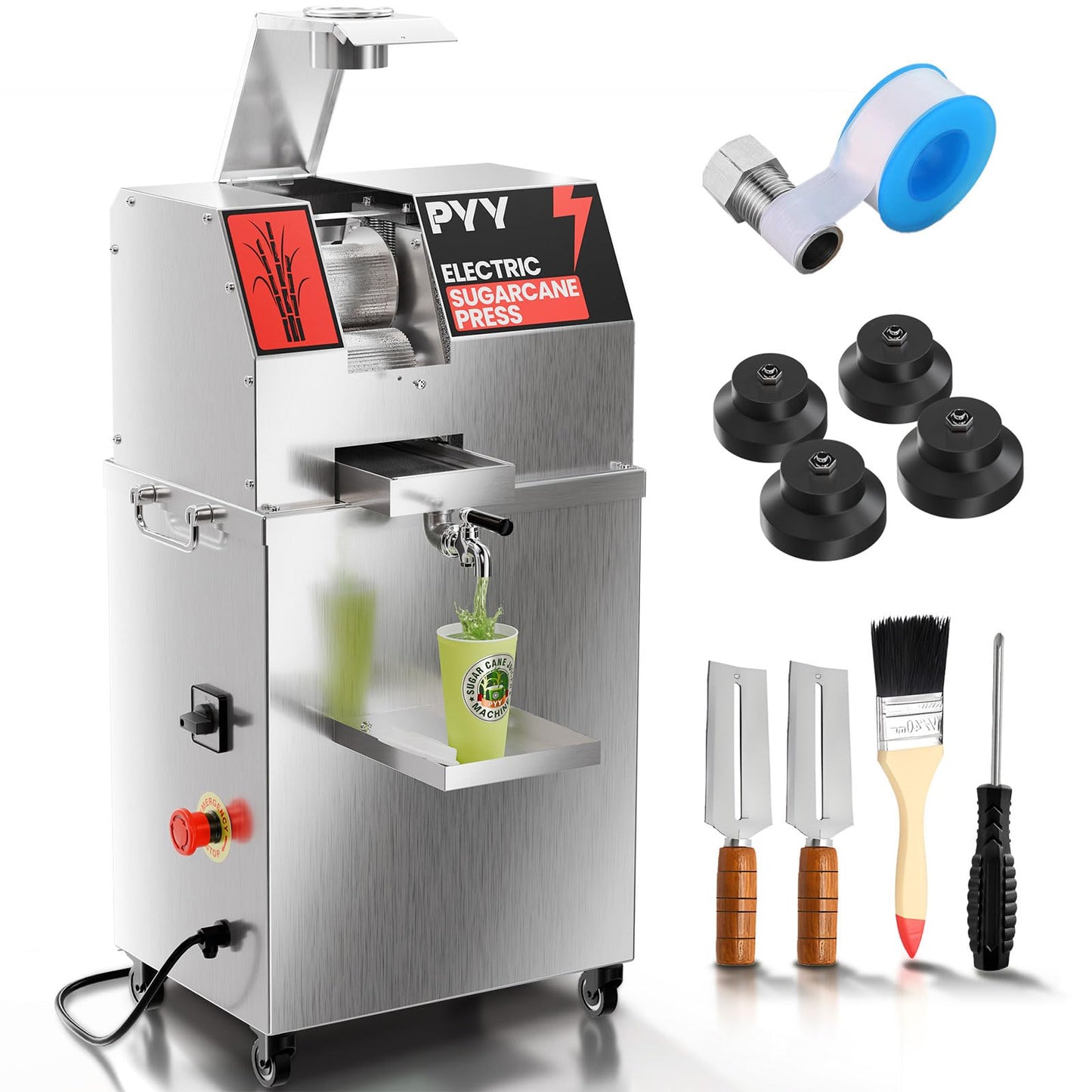 PYY Commercial Sugar Cane Juicer Machine - Electric 3-Roller Sugarcane Juice Press Stainless Steel Extractor, Sugarcane Machine with Cleaning Brush, 2 Peelers,Straws and Cups, 800W 110V 29Inch