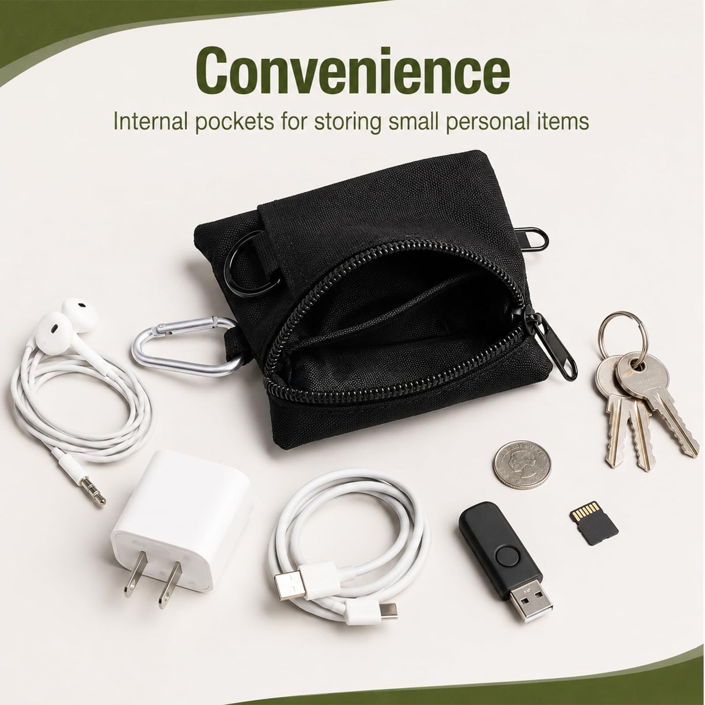 Mini Nylon Keychain Coin Purse, Mini EDC Utility Pouch with Carabiner, Pocket Organizer for Earphone, Car Key, ID Card, Backpack Camping Biking Hiking