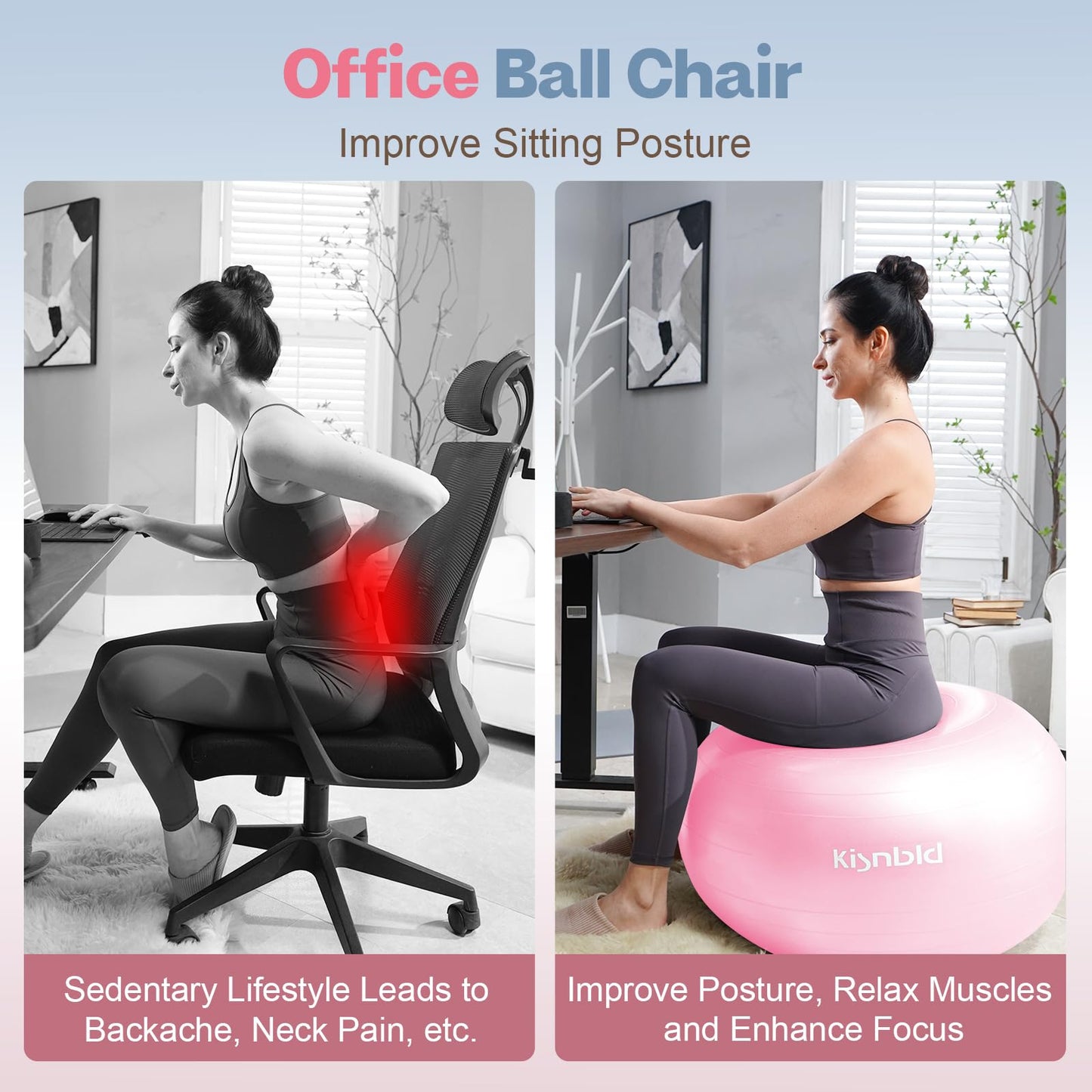 kisnbld Exercise Ball, Extra Thick Yoga Ball for Workout Pregnancy Stability, 4 Sizes Anti-Burst Balance Ball with Foot Pump - Heavy Duty Fitness Ball Chair for Office, Home & Gym