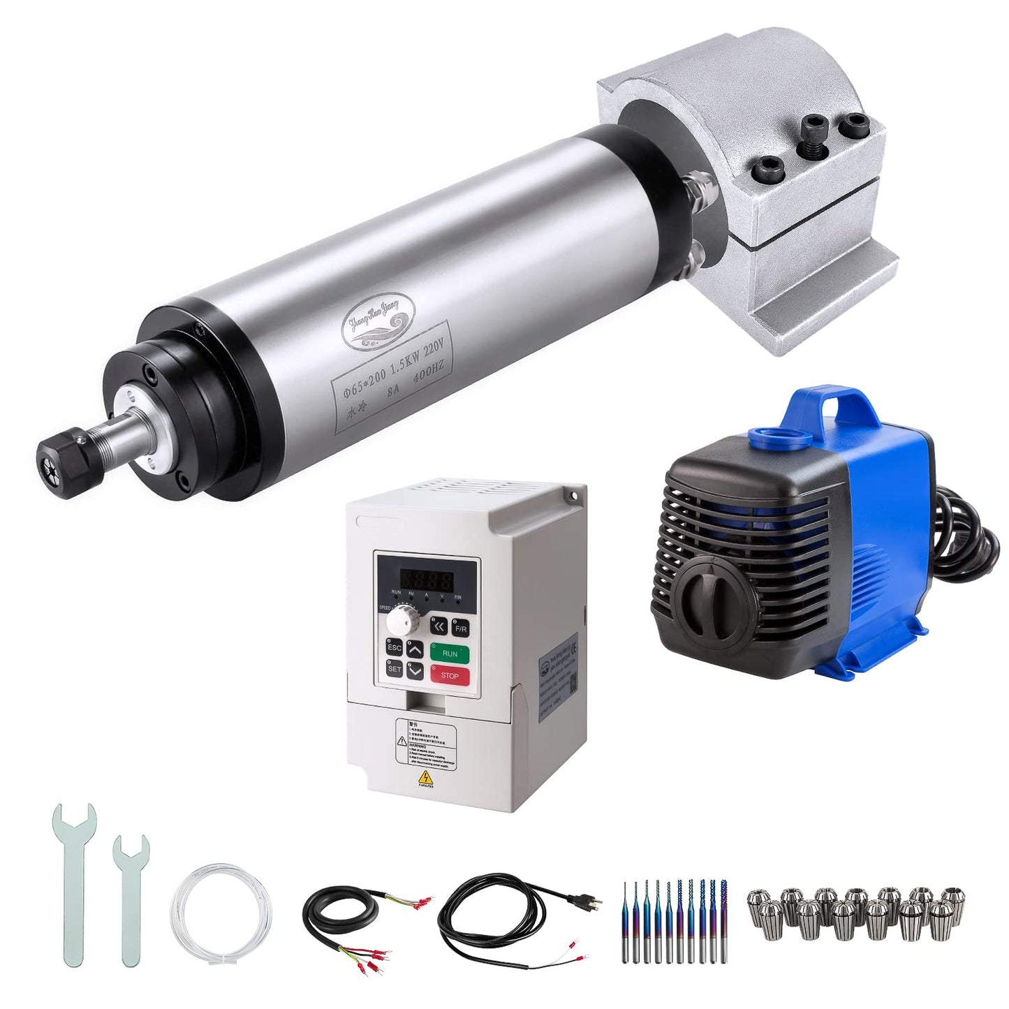 CNC Spindle Motor Kits, 220V 1.5KW 65mm Water Cooled Spindle Motor CNC motor +220V 1.5KW VFD+Clamp Mount +Water Pump+ Water pipe+ER11 Collet set + Drill bits+ wires+wrenches for CNC Router Machine