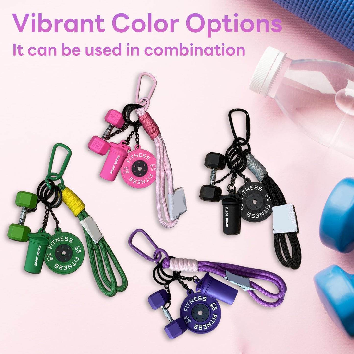 Eagyrosi Bottle and Dumbbell Keychain with Weight Plate - Adorable Gym Accessories, Unisex Bag Charms in Vibrant Colors (Black)