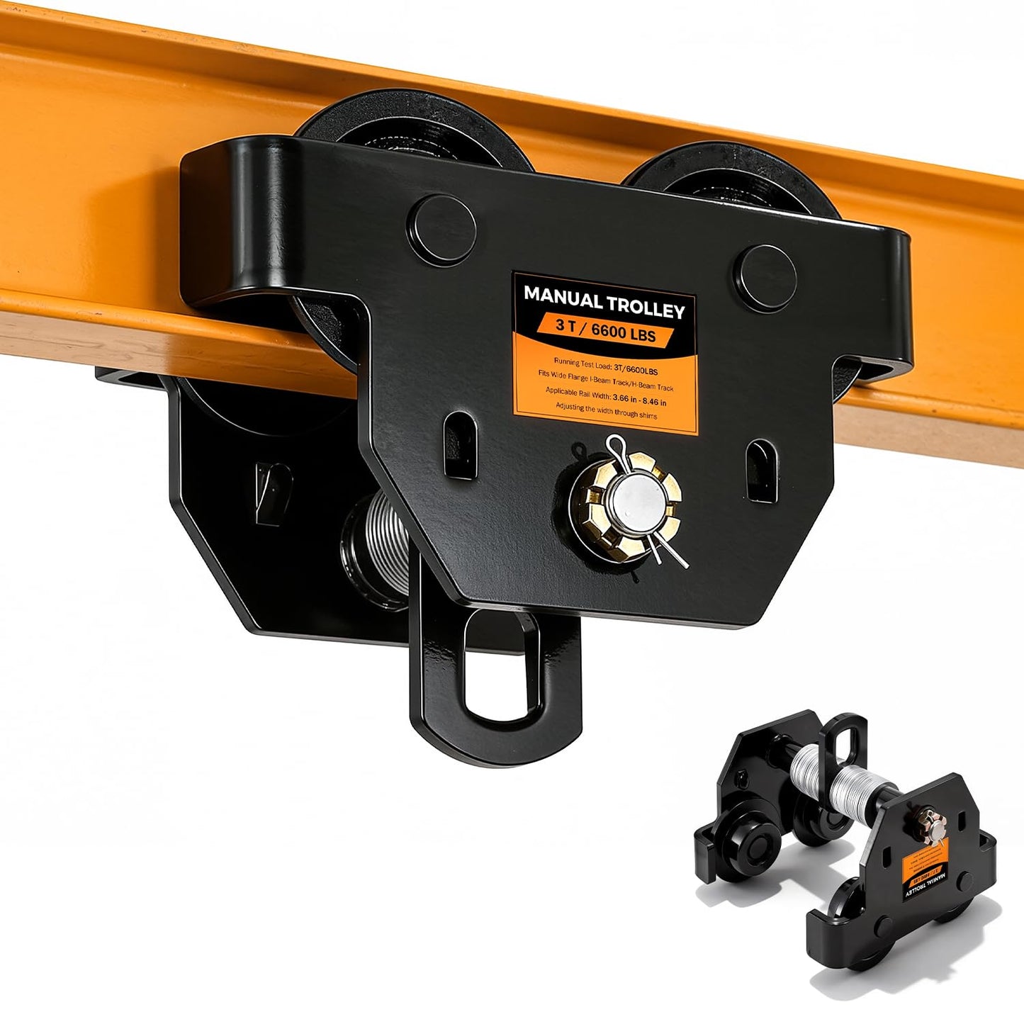 POWLAB I Beam Trolley 3 Ton Manual Adjustable for I-Beam Flange Width 3.66" - 8.46", Overhead Push Beam Trolley Heavy Duty Dual Side Wheels, for Garage Hoist for Straight Curved I Beam