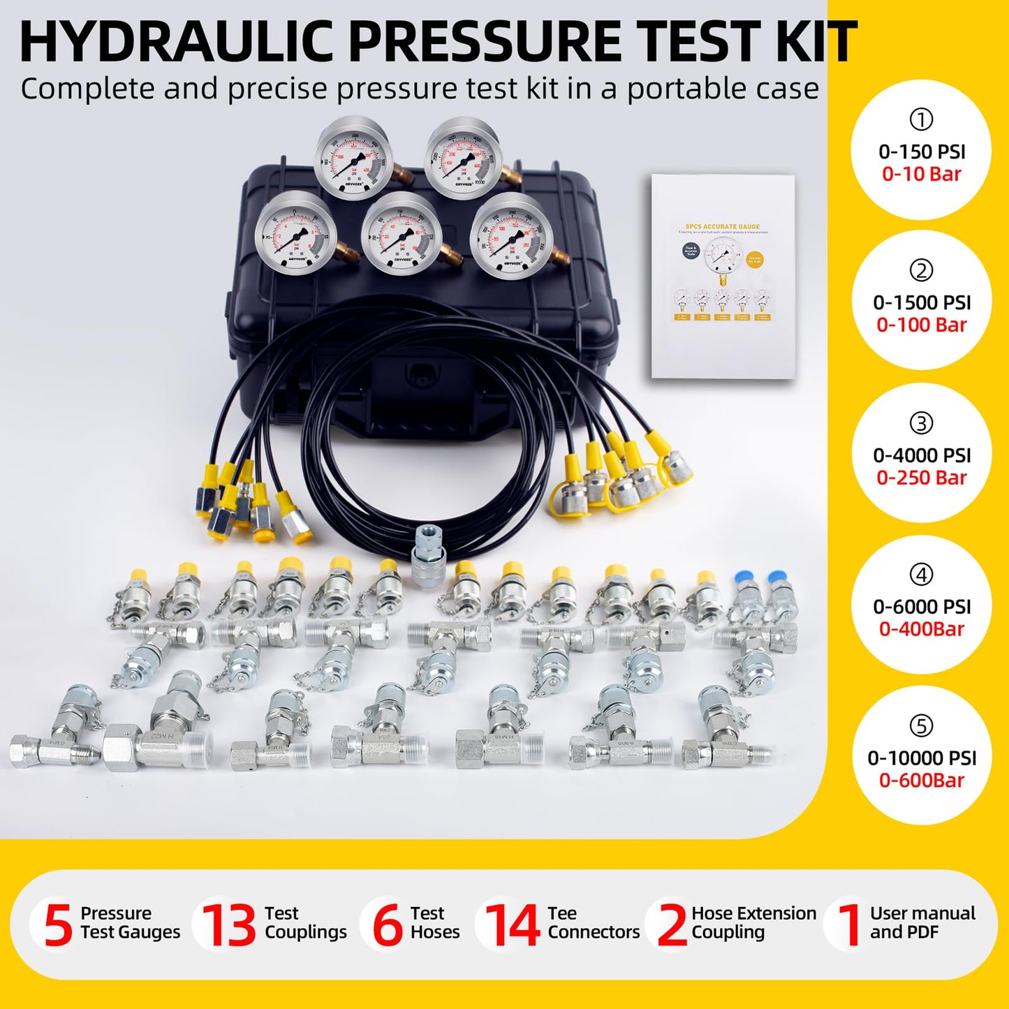 Hydraulic Pressure Test Kit - 5 Gauges (150-10000 PSI), 13 Couplings, 14 Tee Connectors with Markings, 6 Hoses + Extension Adapter (Reach 10.8 ft), for Excavators, Loaders, Hydraulic Machinery