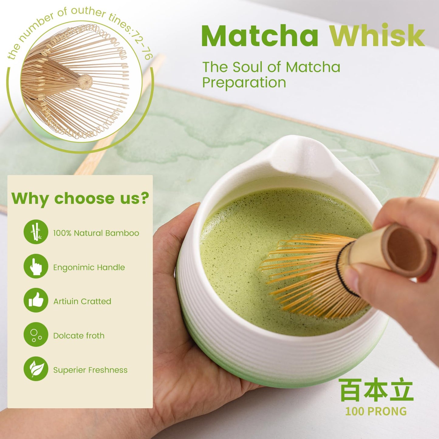 Nardo Visgo Matcha Whisk Set - 7PCS Japanese Tea Set Includes Matcha Bowl with Spout, Bamboo Whisk with Ceramic Holder, Bamboo Scoop, Scoop Stand, Sifter and Tea Towel, Matcha Making kit for Women Men