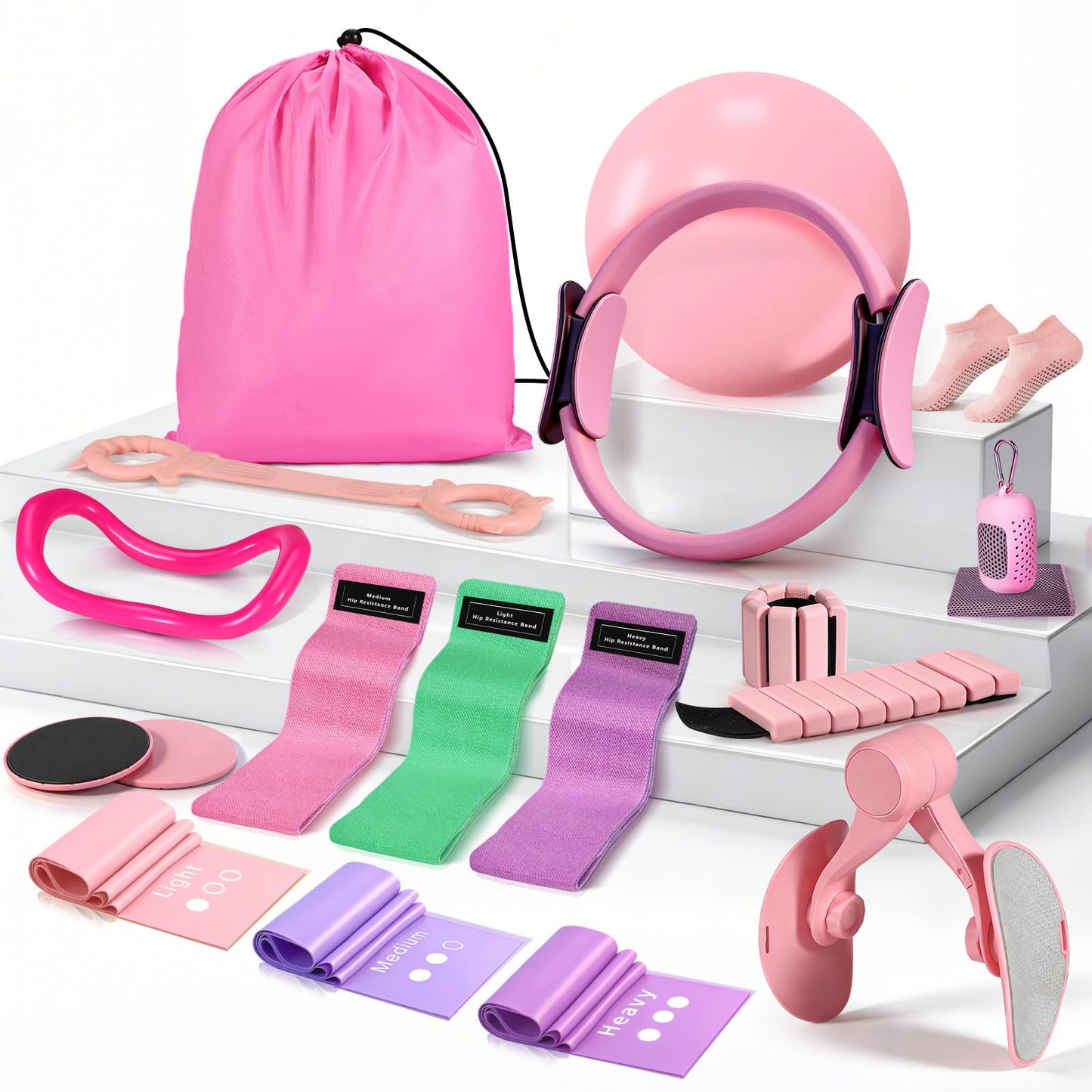 Pilates Kit for Women,17PCS Home Pilate Equipment Essentials, 12.6" Pilates Ring Ball Set with Resistance Bands, Ankle Weights, Sliders,Thigh Trainer, Yoga Strap,Socks Accessories for Home Workout