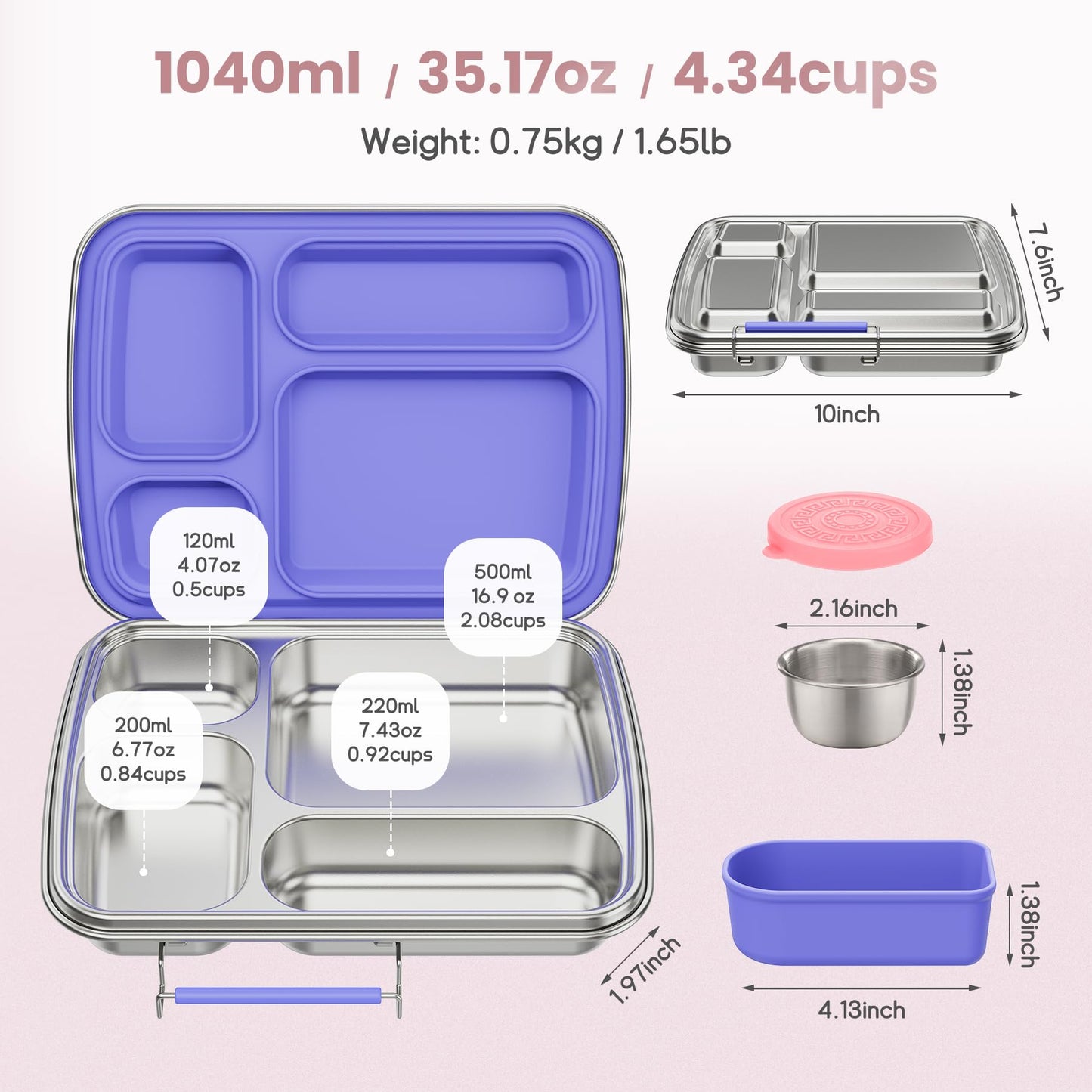 Eoika Stainless Steel Bento Box for Kids, Kids Lunch Box with 4-Compartment, Metal Lunch Box with Silicone Container & Sauce Cup, Durable Lunch Box Containers for School and Office(Purple)