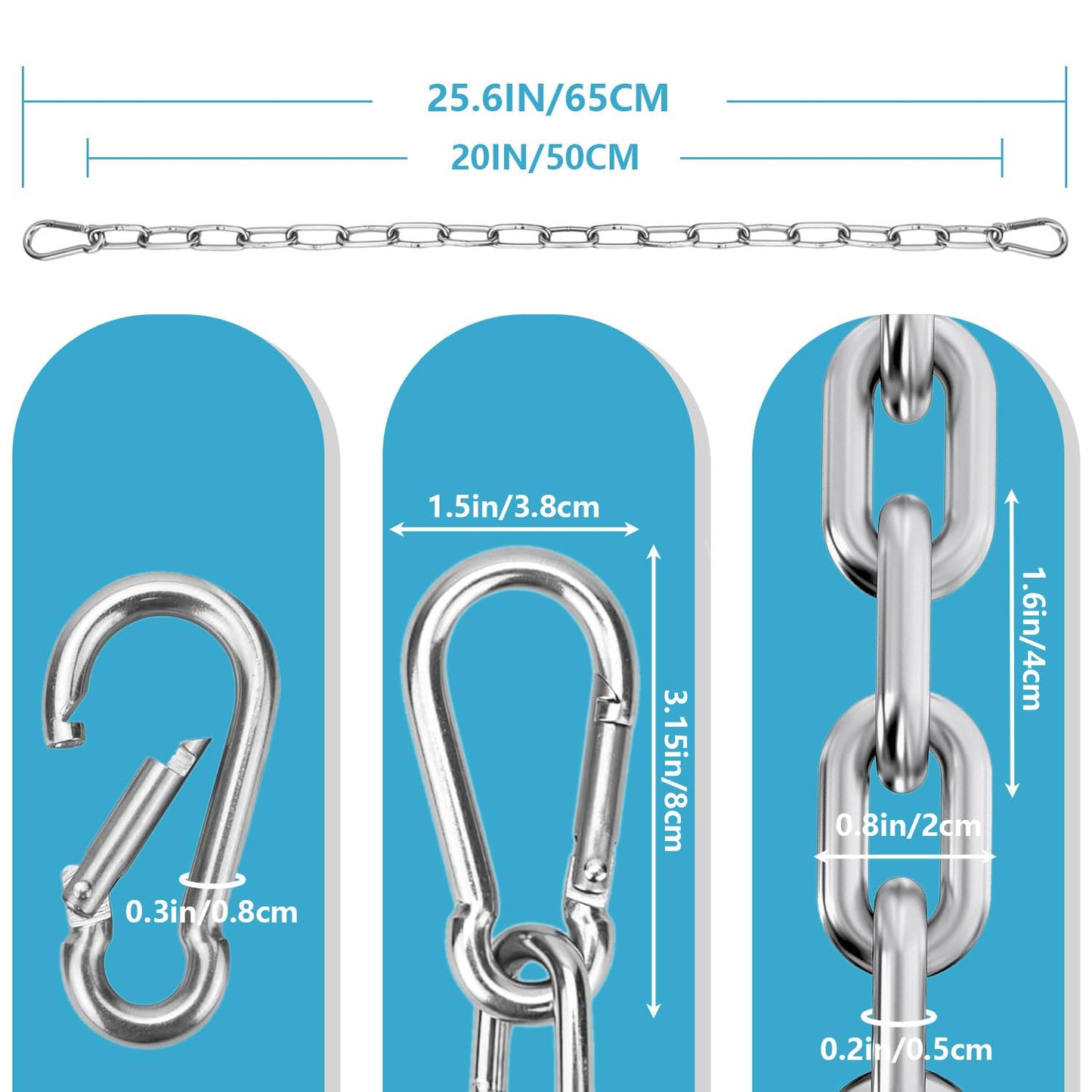 Favuit Heavy Duty Stainless Steel Chain, Hanging Safety Link Chain Fitness Chain Weight Lifting Chains with Carabiners for Home Gym Hammock Swing Hanging Chair Punching Bags (2 Pack)