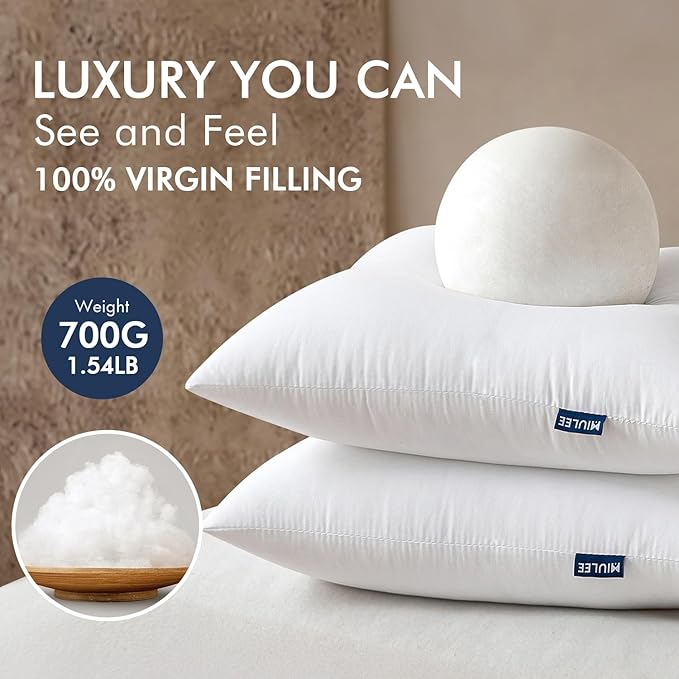 MIULEE Throw Pillows Inserts, Pack of 2 22x22 Inch 100% Virgin Fiber Filling Bed Couch Pillows