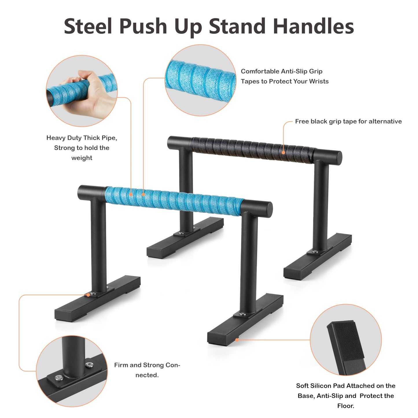 Steel Black Push Up Handles Parallettes Bars for Floor Workout, Anti-slip Calisthenics Gymnastics Bars, Strength Training Pushup Handstand Stands for Home Exercise