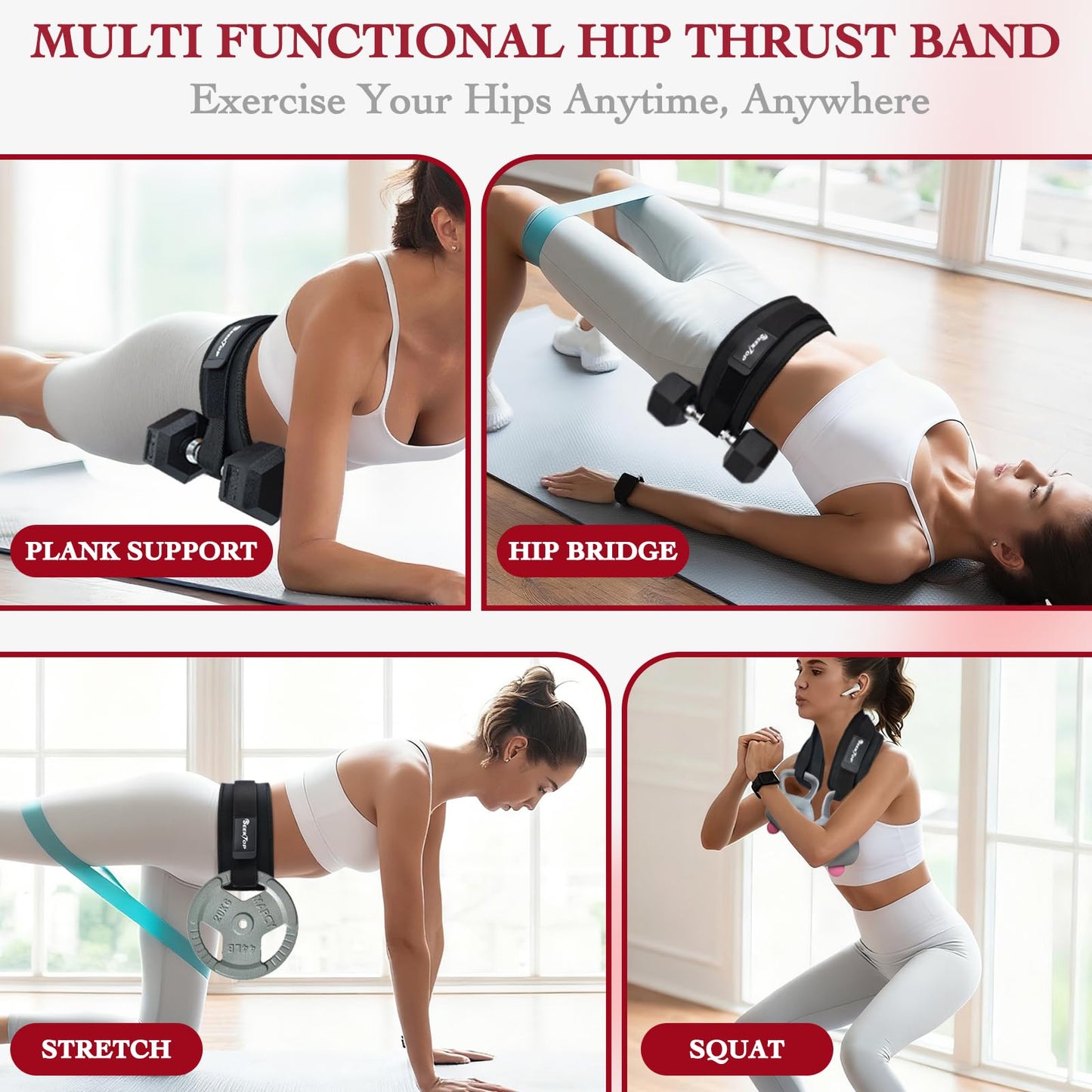 Seektop Adjustable Hip Thrust Belt Slip-Resistant Padding Booty Belts for Glutes - Fits Dumbbells Kettlebells Plates Up to 400 LBS for Gym Home & On-The-Go Workouts