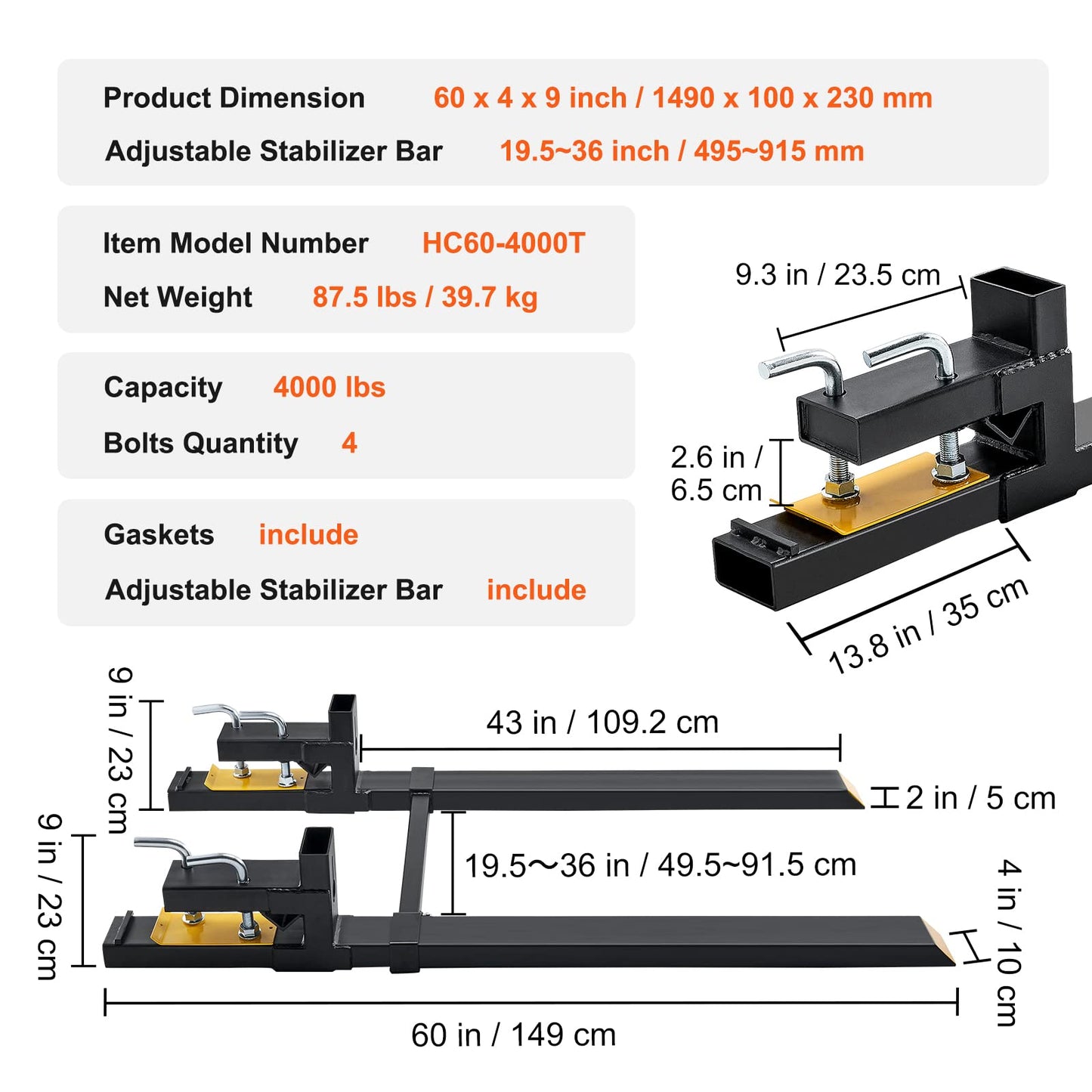 VEVOR Pallet Forks, 4000 lbs Clamp on Pallet Forks, 60" Total Length Heavy Duty Pallet Forks with Adjustable Stabilizer Bar, Tractor Bucket Forks for Loader Bucket Skid Steer Tractor