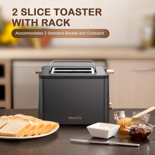 Mecity 2-Slice Toaster - Stainless Steel Body with 6 Browning Settings & Extra Wide Slots - Grey