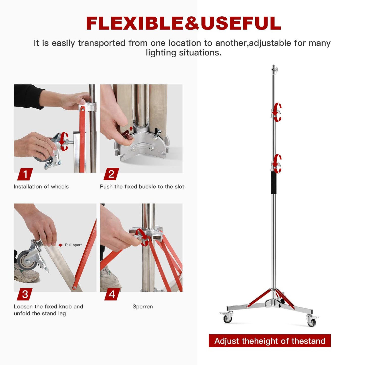 Heavy Duty Light Stand with Casters, 10ft/305CM 100% Stainless Steel 30kg/66lb Load Bearing Adjustable Photography Light Stand with Wheels for Photography Studio Softbox, Monolight