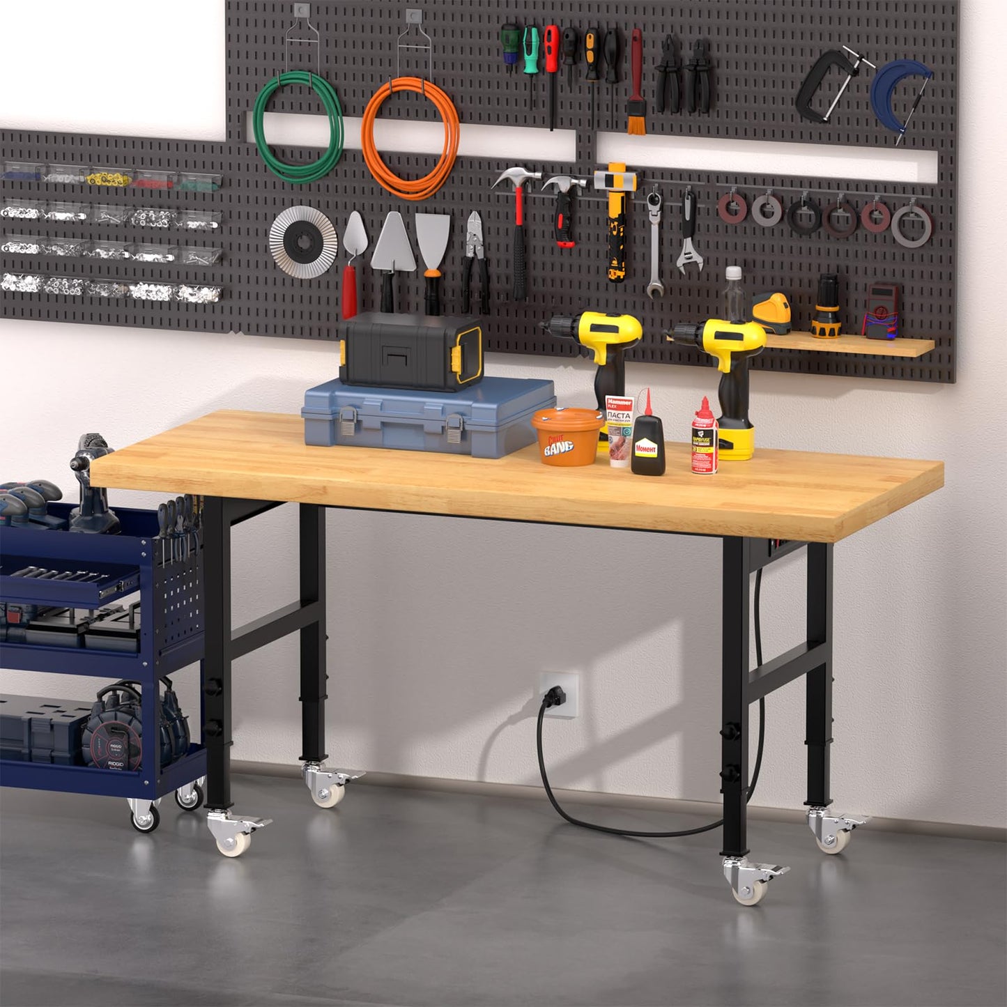 Pelnuies 60" Heavy-Duty Solid Wood Work Bench with Wheels, Adjustable Height Workbench with Power Outlets, 2000 LBS Capacity Work Table for Garage, Workshop(60" X 24")