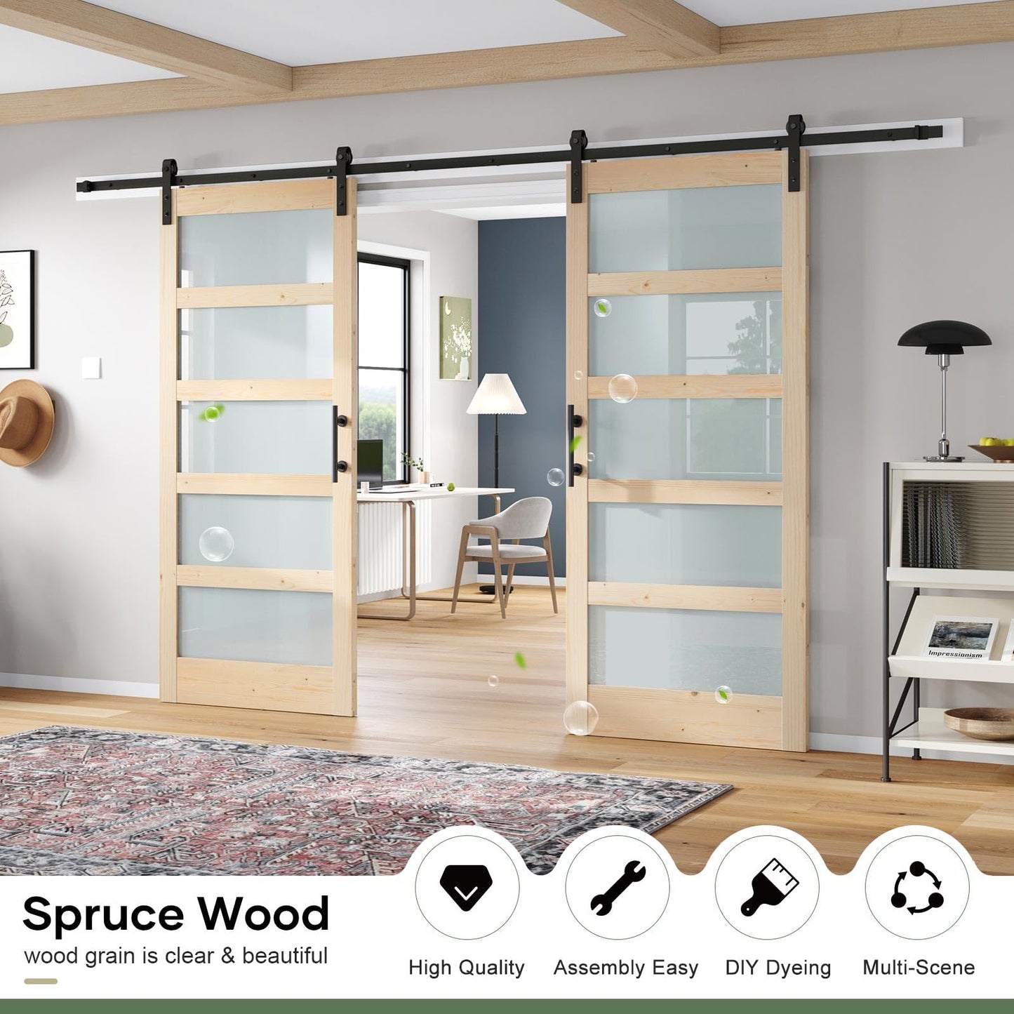 ROYMELO Double 36x84 inch Glass Sliding Barn Door Slab with 6.6ft Hardware Kit