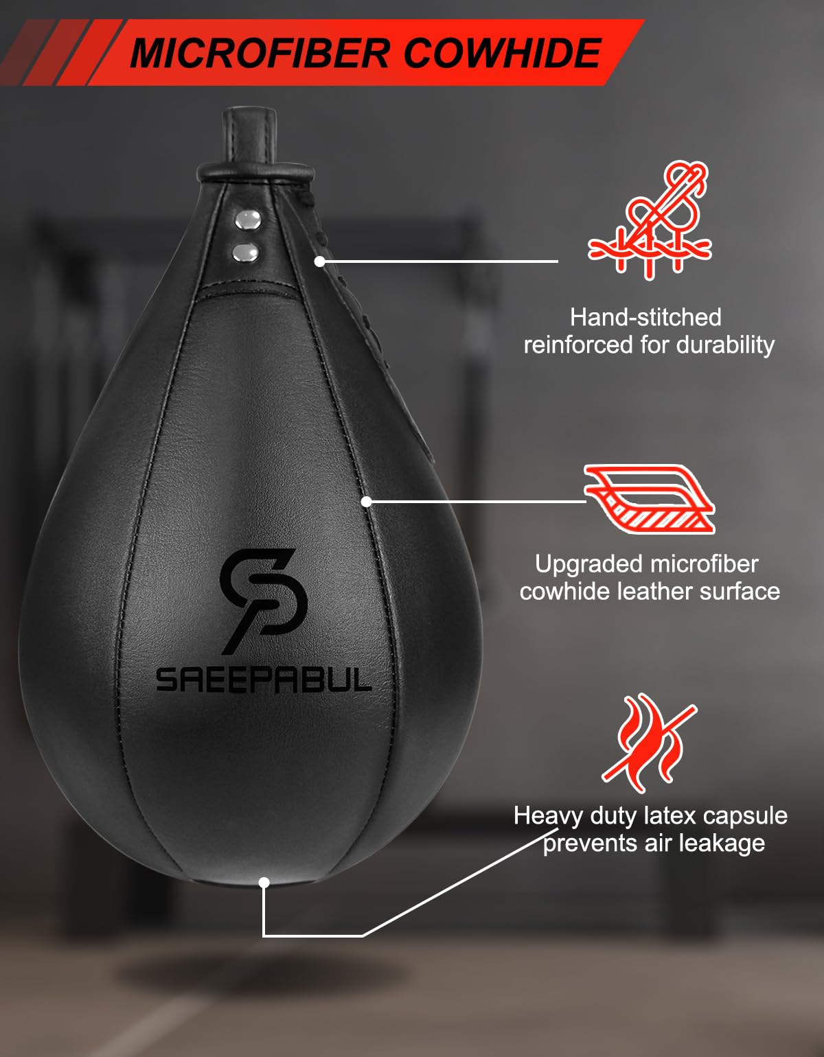 SAEEPABUL Boxing Speed Bag for Adults - Professional Synthetic Leather Punching Bag with Latex Bladder, Adjustable Training Equipment for Home Gym Fitness Black