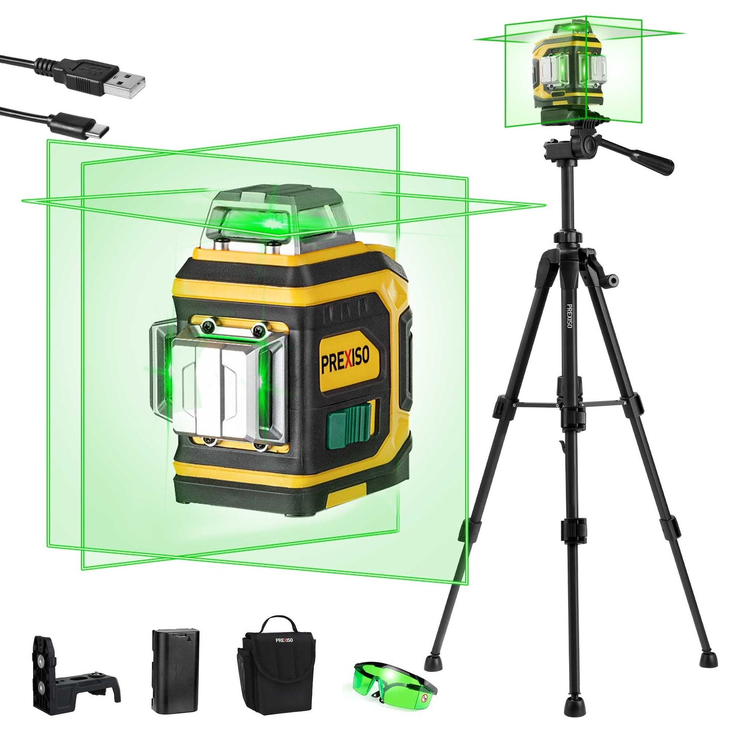 PREXISO Rechargeable 360° Self Leveling Green Laser Level with Tripod, Magnetic Base, Glasses - For Construction, Tile, Home Renovation