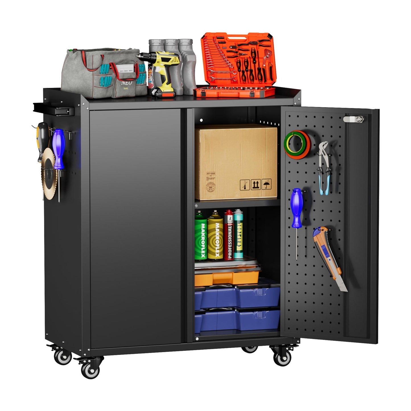 Aobabo 31.5" H Garage Storage Cabinet with Wheels,Lockable Metal Storage Cabinet with 2 Doors for Garage Home Office Storage,Black,Assembly Required