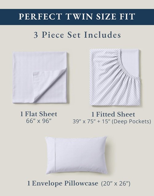 Lane Linen 100% Organic Cotton Twin Sheets - Soft & Comfy Classic Ticking Stripe Print | Fade Resistant, Naturally Cooling
