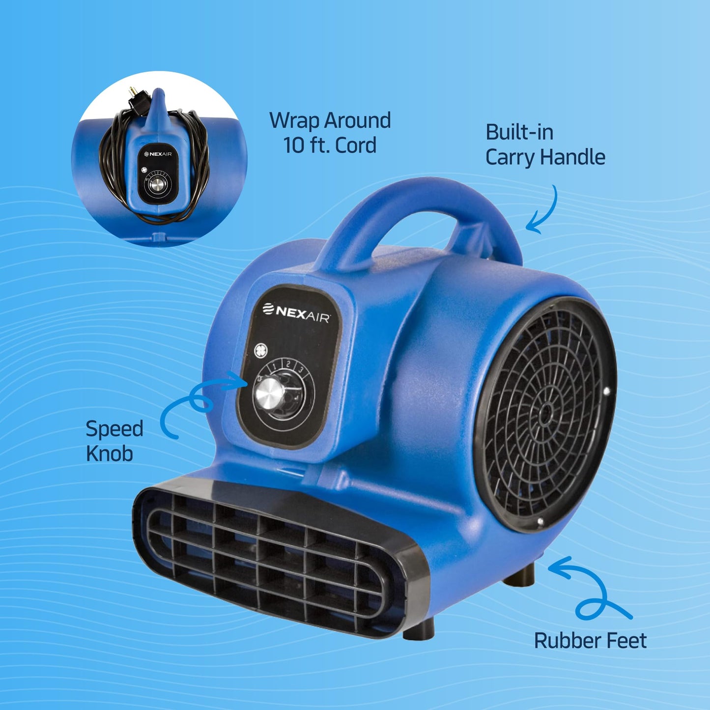 NEXAIR 1/4 HP High-Velocity Industrial Carpet Dryer 3 Speed, Powerful Air mover blower Adjustable angle, Floor drying fan, Dries, Cools, and Ventilates Attic Spaces, Work Areas, Garages