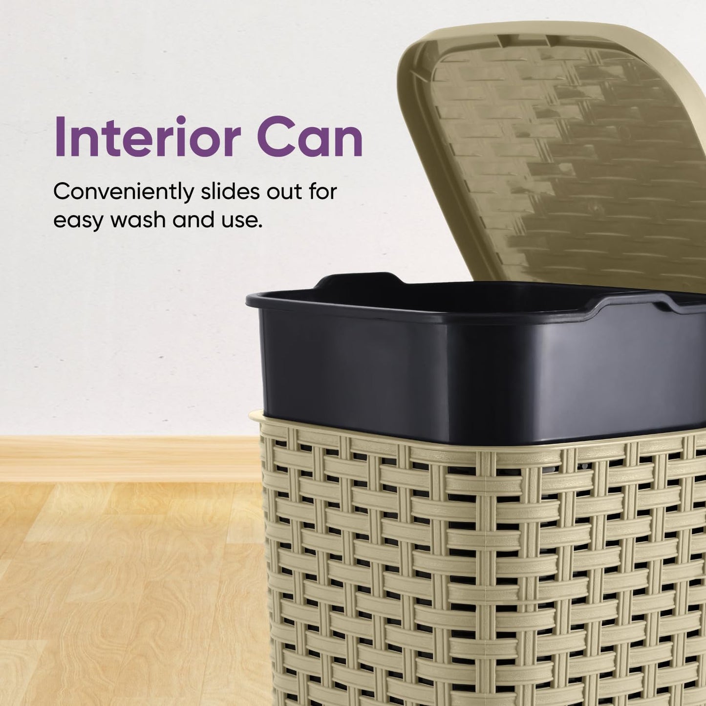 Superio Mini Trash Can with Foot Pedal Small Outdoor Garbage Can with Lid, 3 Gallon Plastic Waste Basket for Bathroom, Bedroom, Kitchen, Office, Patio (Wicker Beige 12 QT.)