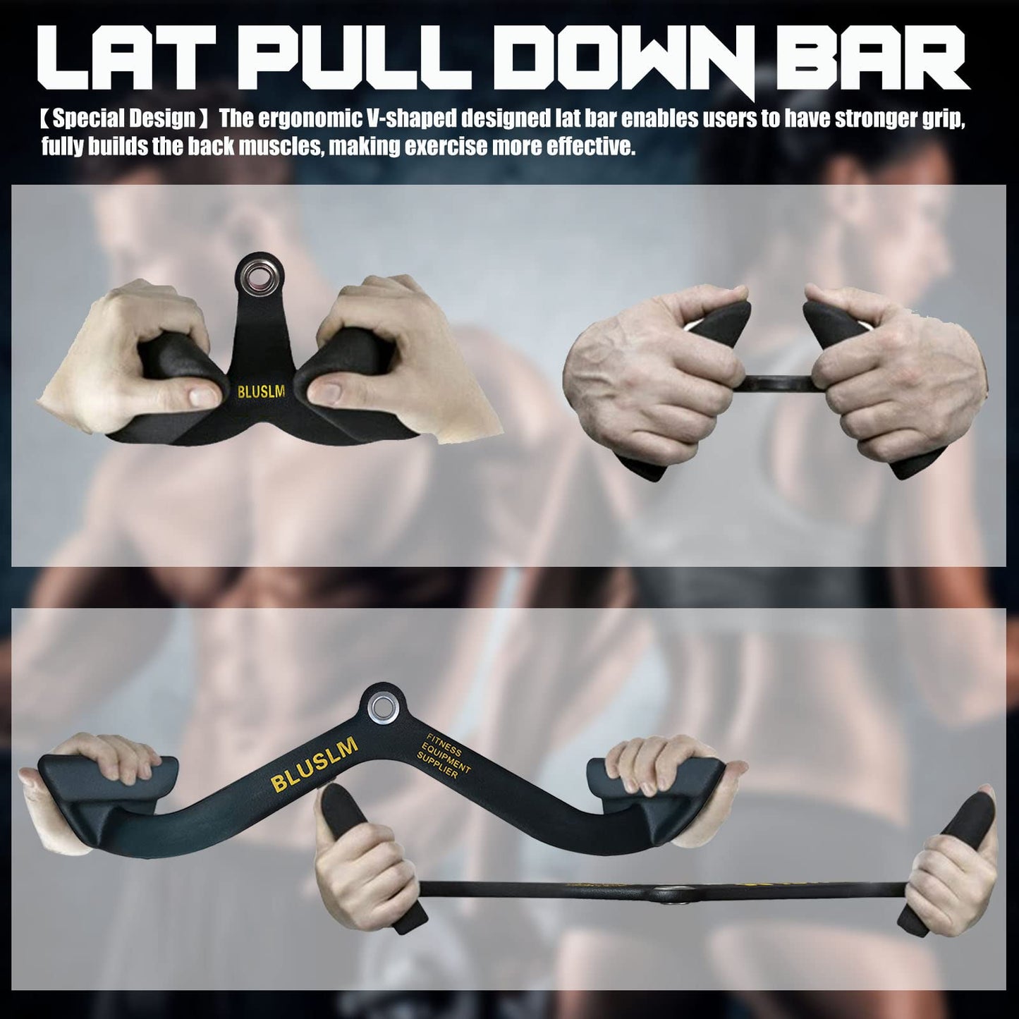 BLUSLM LAT Pull Down Bar for Cable Machine, LAT Pulldown Attachments T-bar V-bar Cable Attachment for Gym, Back Tricep Strength Training Handle