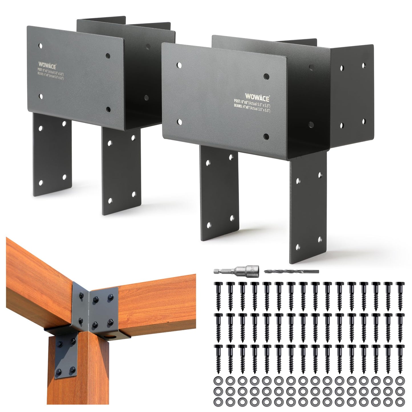 WOWACE 2 Pack 4x6 (Actual 3.5"x5.5") Heavy Duty Stainless Steel Pergola Brackets - Corner Post to Beam Connector for Gazebos, Patio Decks, Porches - Wood Post Cap Tie Bracket (Dark Gray)