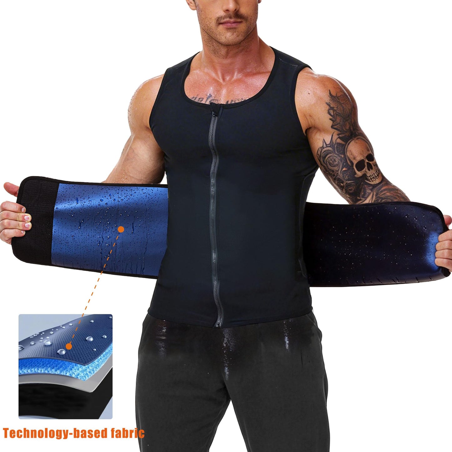 FEVOHOT Waist Trainer Sauna Shirt Suit For Men Sweat Compression Workout Gym Vest Body Shaper Zipper Tank Top Belt Belly Fat(BK 2XL)