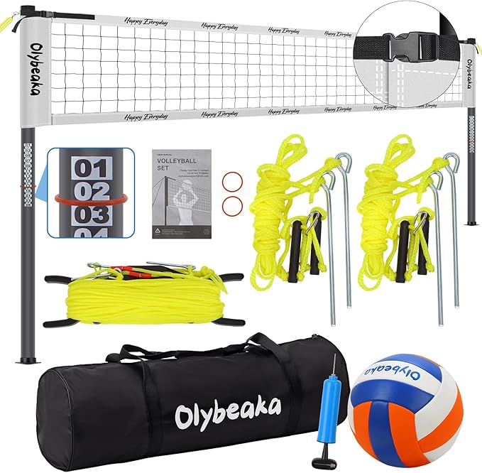 Outdoor Portable Volleyball Net Set for Backyard Beach with Adjustable Heavy Duty Poles, Durable Net, PU Volleyball & Pump, Carry Bag