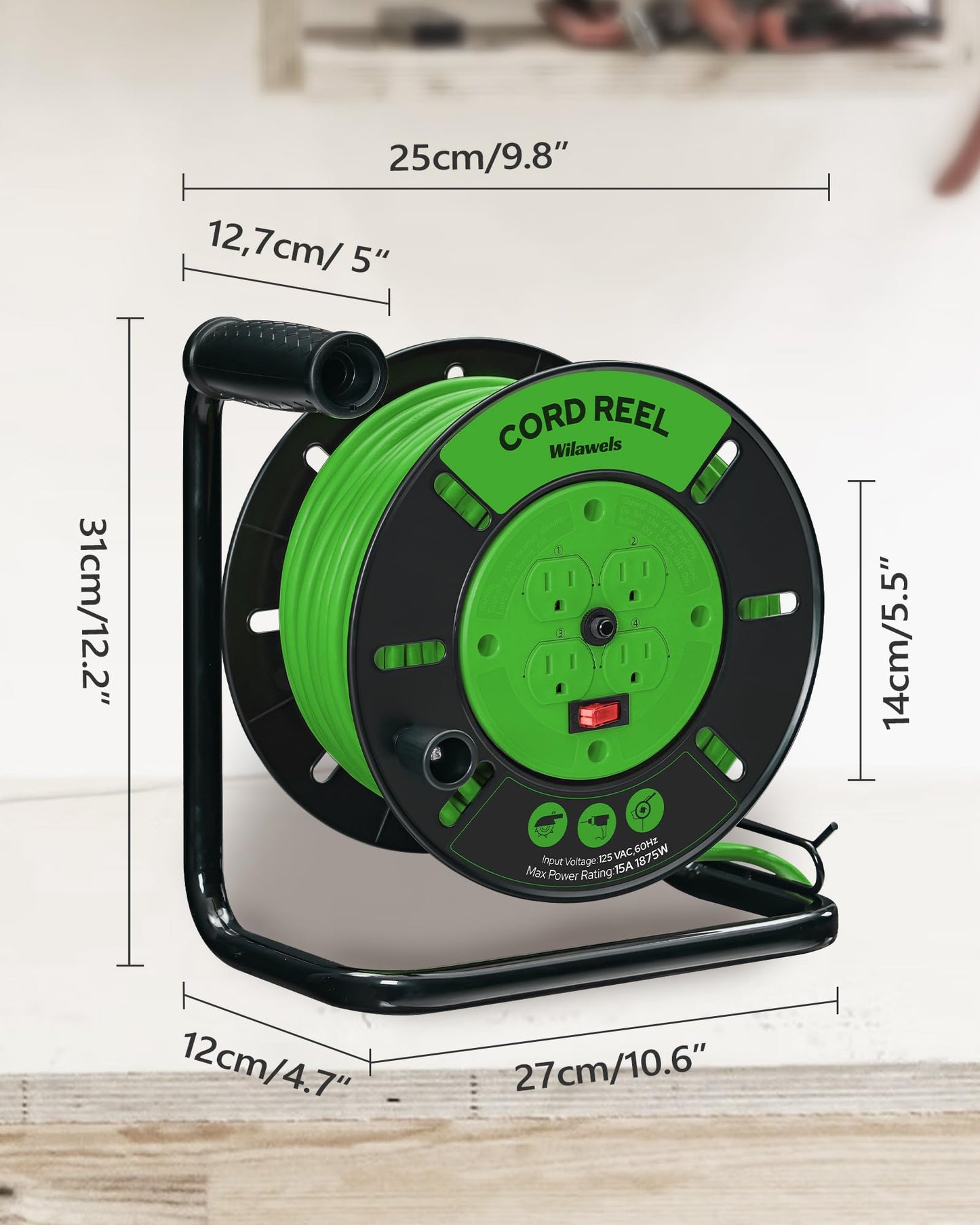 WILAWELS Extension Cord Storage Reel with 4-Grounded Outlets and 80 FT Retractable Extension Cord Reel Bundle, for Indoor Outdoor Use J95CR06-U80ACR06
