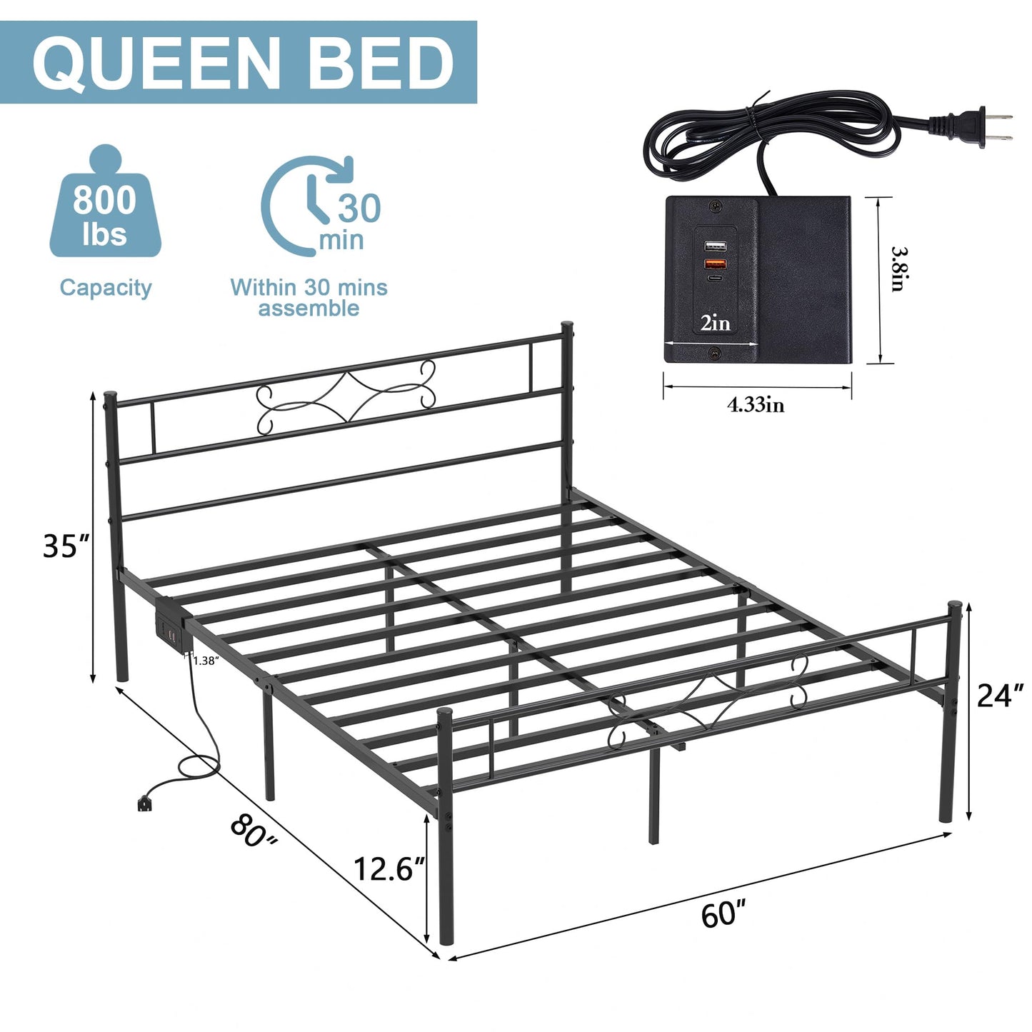 VECELO 14" Queen Size Metal Platform Bed Frame with Headboard and Charging Station,Premium Steel Slat Support No Box Spring Needed,Noise-Free Anti-Slip,Easy Assembly