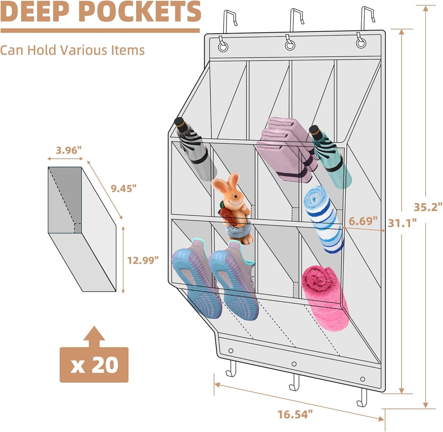 Storage Maniac Over Door Shoe Organizer - 12 Large Pockets for Efficient Closet Storage | Grey