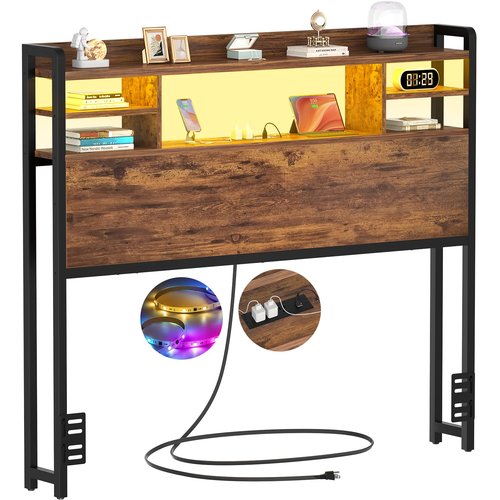 Aheaplus Headboard for Twin Size Bed with Storage, Headboards with LED Light, Power Outlets, USB Ports Twin Size Head Board, Wood headboard Only Sturdy and Stable Headboards, Rustic Brown