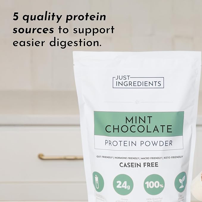 JUST INGREDIENTS Mint Chocolate Protein Powder ??30 Serving Bag ??Grass-Fed Whey & Plant Protein Blend with Real Cocoa & Peppermint ?“Sweetened, Non-GMO, Gluten-Free, No Artificial Flavors