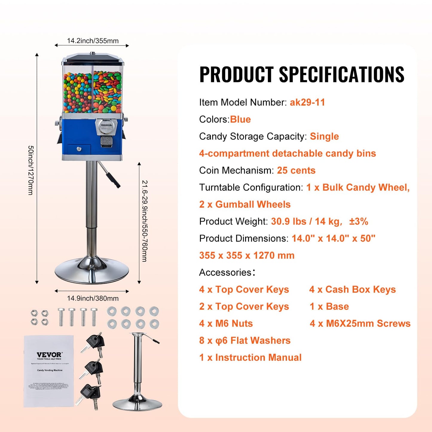VEVOR Commercial Vending Machine, Four Compartment Rotatable Gumball and Candy Dispenser, Adjustable Height Coin Operated Candy Bank with Iron Stand, for Business Toy Capsules Bouncy Balls Nut, Blue