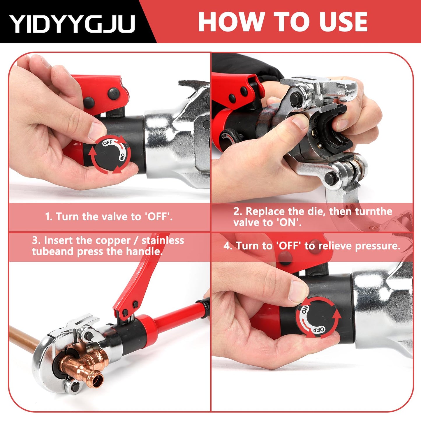 Hydraulic Copper Tube Crimping Tool with 3 Interchangeable Dies (1/2", 3/4", 1") Applicable to Stainless Steel and Copper Pipes, Ideal for Plumbing, HVAC, Refrigeration & Industrial Piping Projects