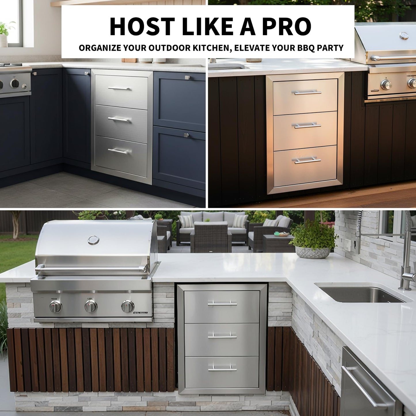 Cxforste Outdoor Kitchen Drawers with Triple-Access & Handles ，18" W x 23" H x 23" D Stainless Steel Flush Mount Modular Cabinet for BBQ Islands & Patios