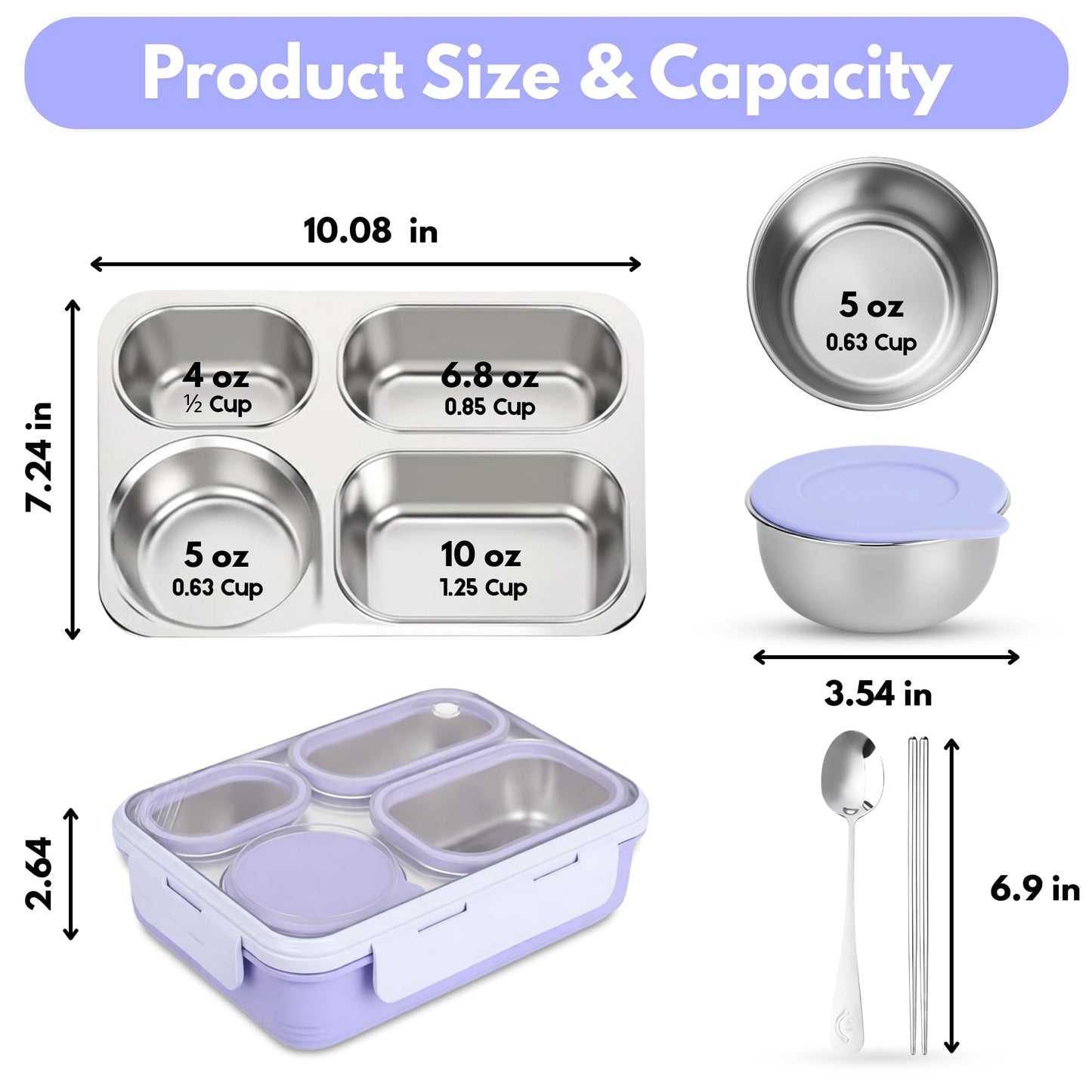 Homaze Kids Stainless Steel Bento Lunch Box, 4-Compartment Food Container with Condiment Cup, Chopsticks and Spoon, Leak-Resistant (Purple)