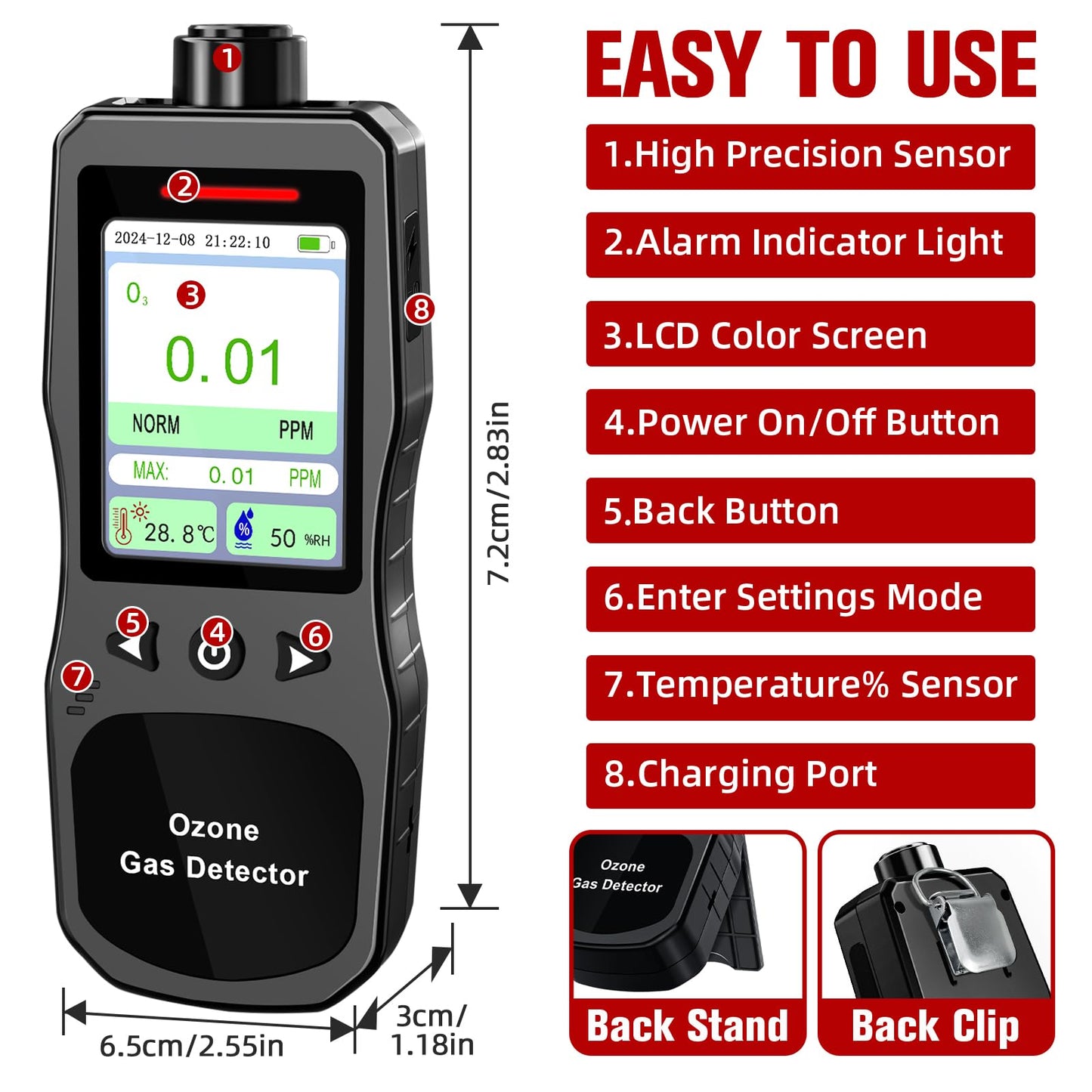 ZYKYCX Portable Ozone Detector, 0-20 PPM Ozone Gas Monitor with 0.01 PPM High Resolution, 16H Long Battery Life, Ozone Meter with Alarm, O3 Air Quality Monitor with Temp & Humidity Tester