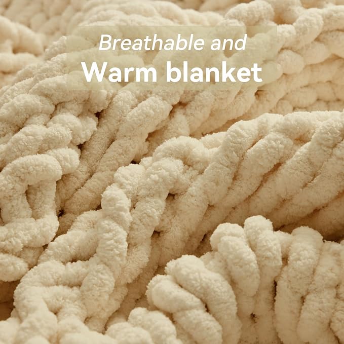 Negwoo Chunky Knit Throw Blanket, 60''*80'' Knitted Throw Chenille Yarn for Bed Couch, Handmade Oatmeal Crochet Big Thick Blanket, Machine Washable Cute Comfy Blanket for Home Decor