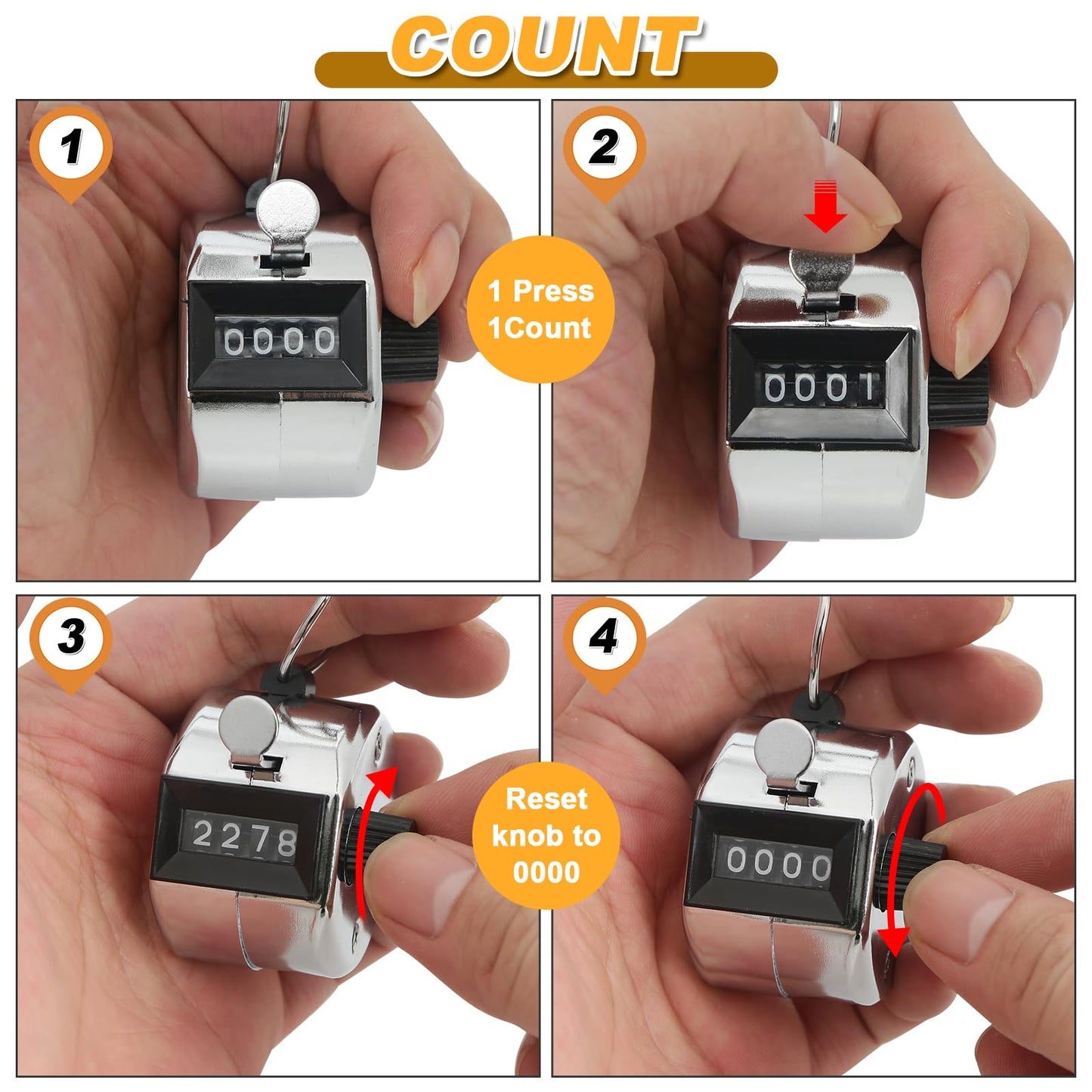 Nliyeisu 2 Pcs Clicker Counter, Hand Tally Counter with Large Display - Mechanical Pitch Counter Clicker for Baseball, Inventory, People Counting, Events, Gym Reps(Silver)