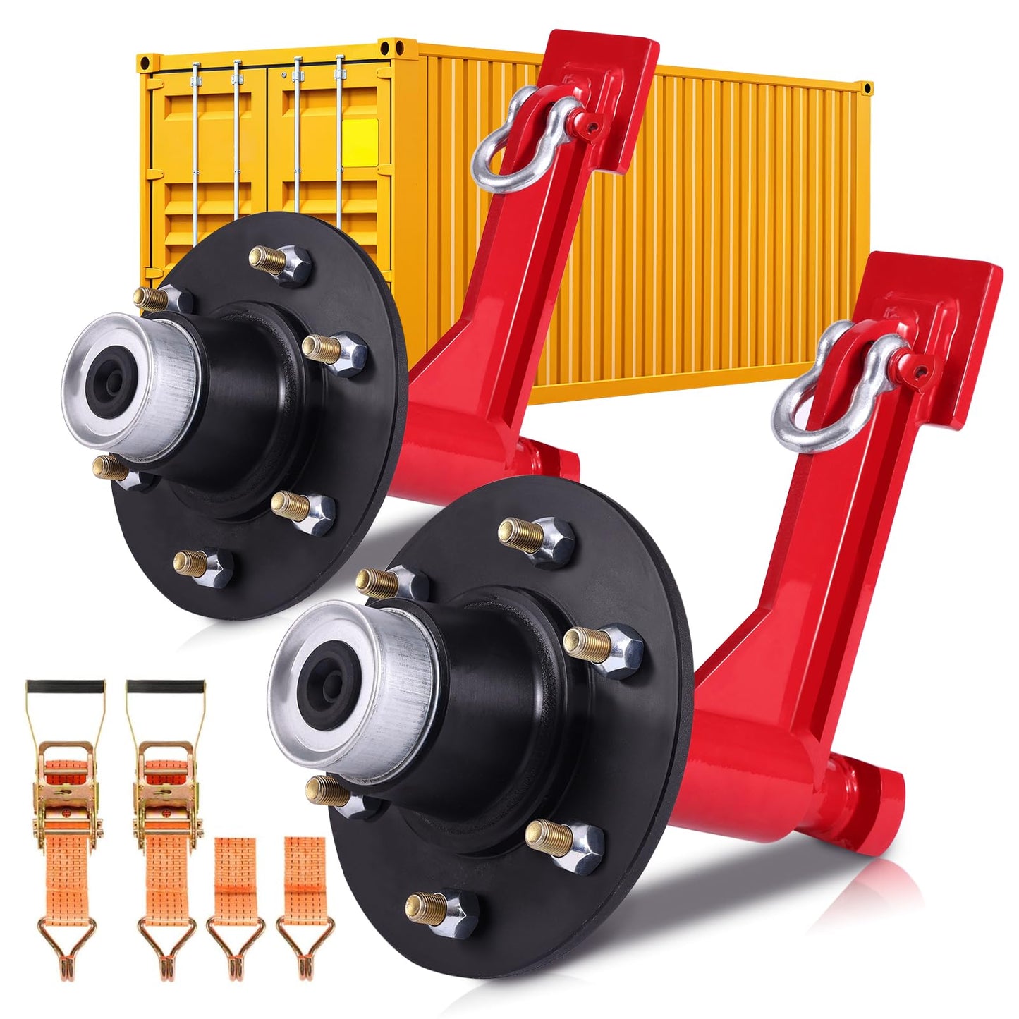 Red 6 Holes Shipping Container Wheels Kit with Heavy Duty Axle & Ratchet Strap - Fast, Safe 20ft-40ft Container Transport