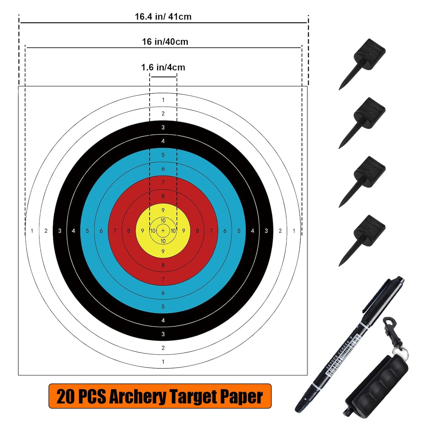 20PCS Archery Target, 16X16in - 10 Ring Bow and Arrow Targets(Standard Archery, with 1 Pen&4 pins)