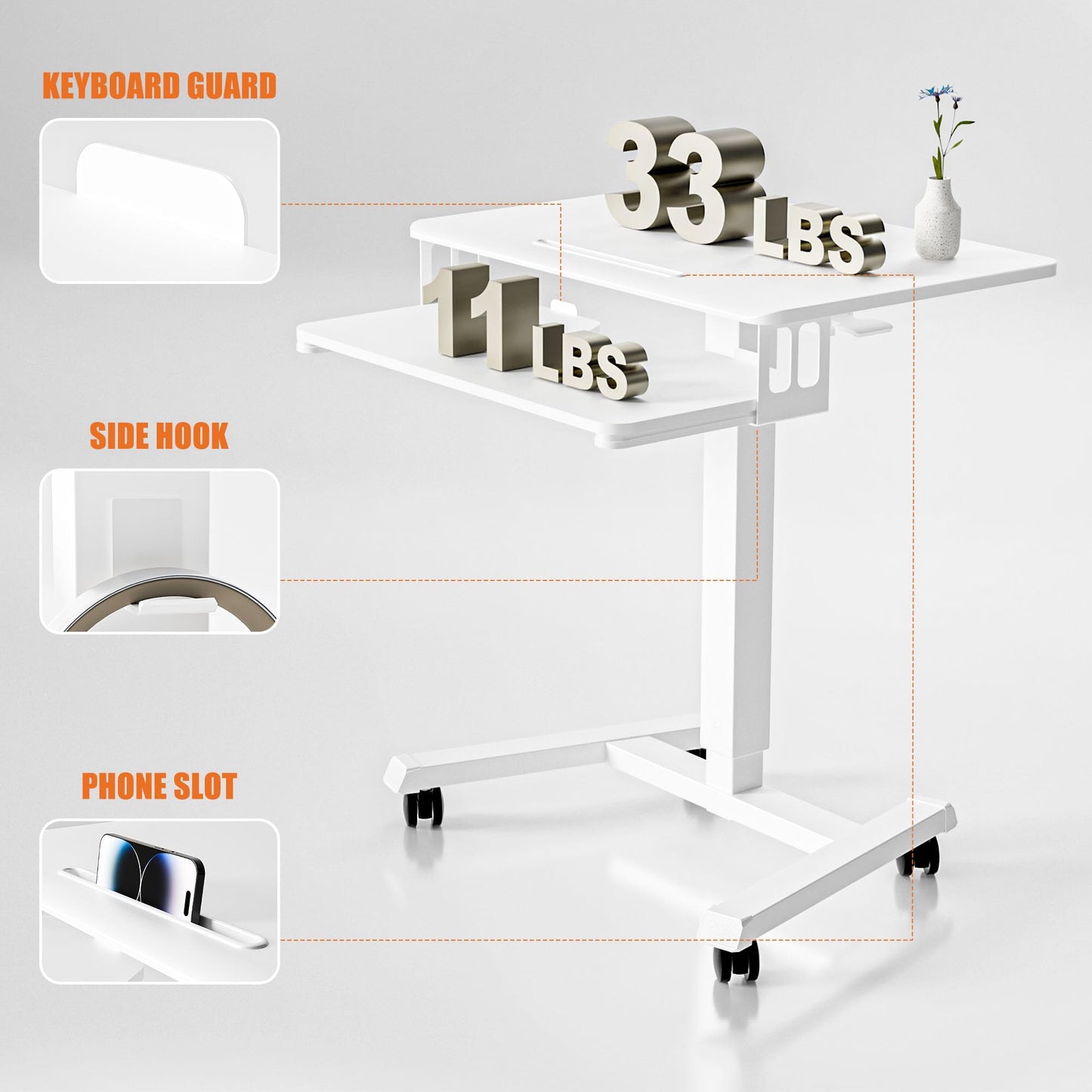 ERGOMAKER Mobile Standing Desk with Keyboard Tray, Gas Spring Rolling Desk with Lockable Wheels, Portable Laptop Desk, Adjustable Height Stand Up Desk, Computer Workstation Home Office, White