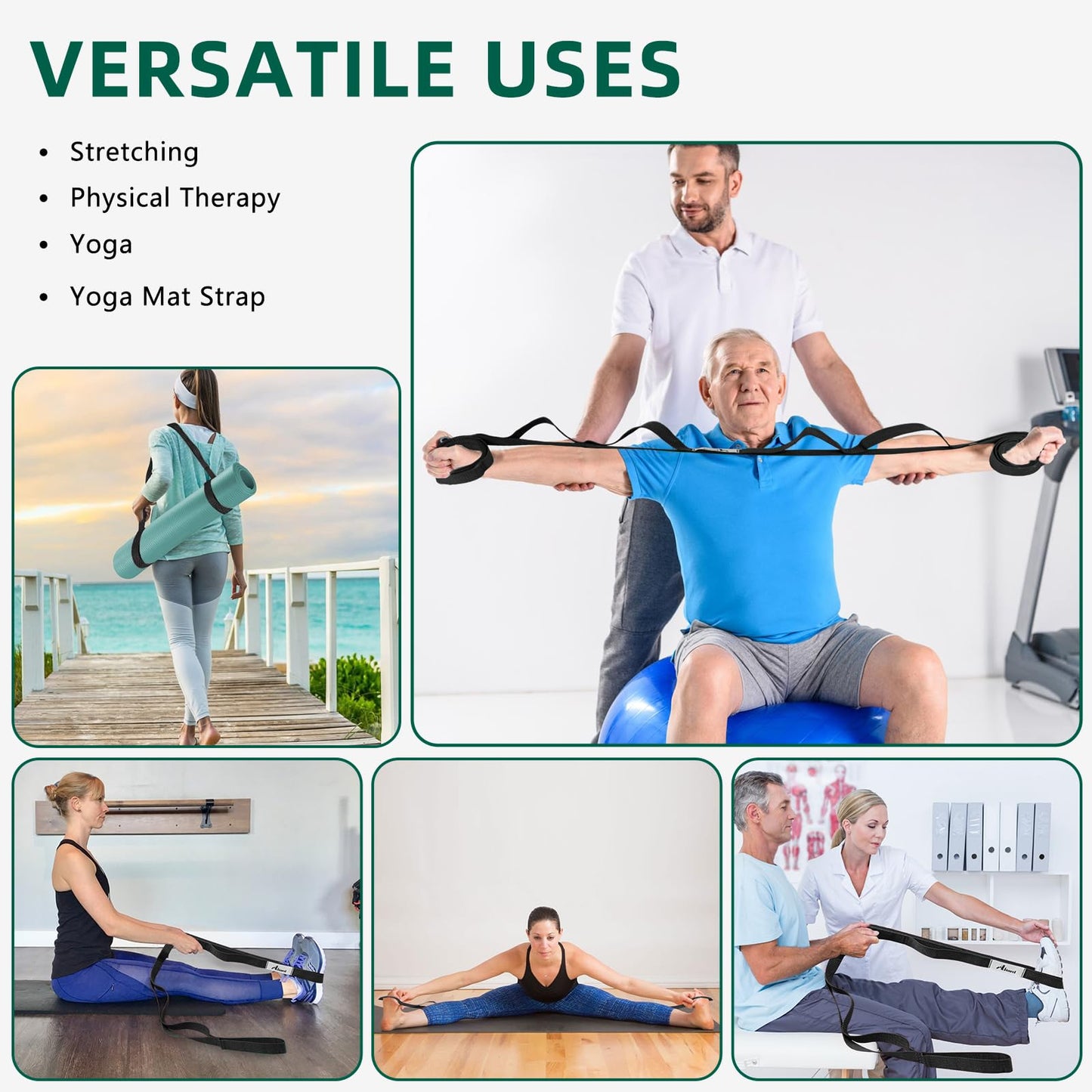 Abiarst Stretching Strap Yoga Straps for Physical Therapy, 10 Loops Non-Elastic Stretch Band for Pilates, Flexibility, Exercise and Gymnastics (2-Pack (Black+Back))