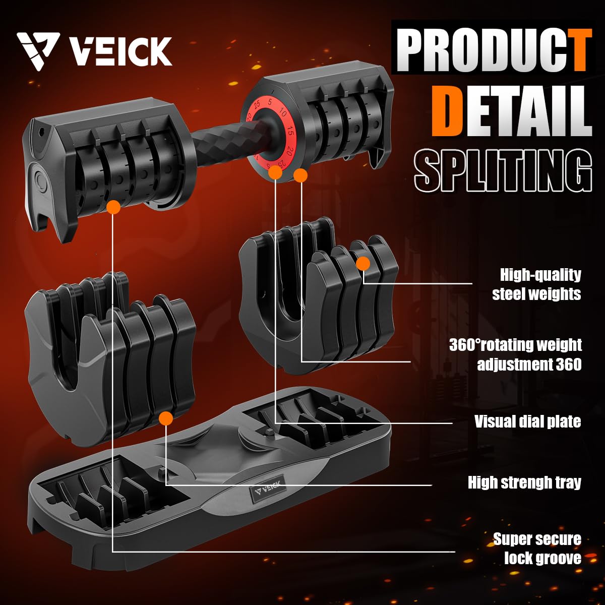 VEICK 25 lbs Pair Adjustable Dumbbell with Anti-Slip Turning Handle, Fast Adjust Weight for Men Women, Exercise Equipment with Tray for Home Gym Full Body Workout Fitness, Black