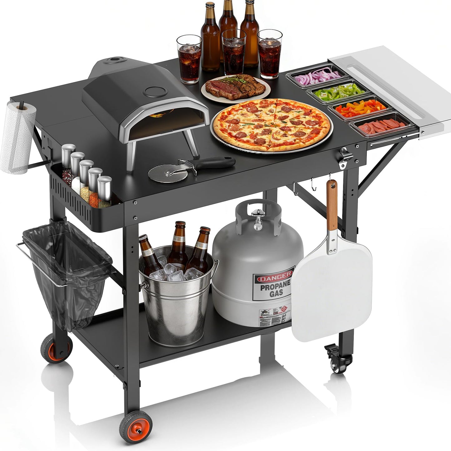 EUTRKei Pizza Oven Table with Topping Station - 45" x 29" Outdoor Grill Cart for Ooni, Ninja, Gozney, Solo Stove, Heavy Duty 450lbs Capacity, Grill Table with Extendable Desk for Tailgating Backyard