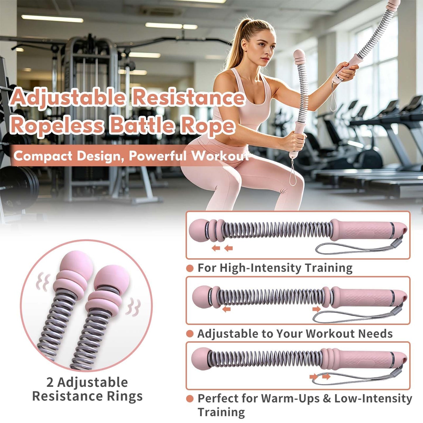 Ropeless Battle Ropes, 2 Pack Cordless Battle Ropes with Adjustable Weights, Non-Slip Comfort Handles, Portable Trainer for Home Gym, HIIT Cardio & Travel Workout