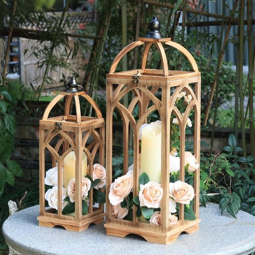 **DECORKEY Large Wooden Lantern Set - Rustic Indoor & Outdoor Candle Holders | 30’’/20’’H for Patio & Porch**