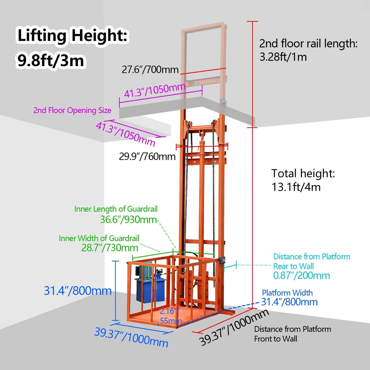 1 Ton (2200LB) Load Capacity Electric Lifting Platform, Small Home Elevator, Wall-Mounted Hydraulic Lifting Platform – Suitable for Factories, Logistics, and Residential Use.(9.8FT Lifting Height)